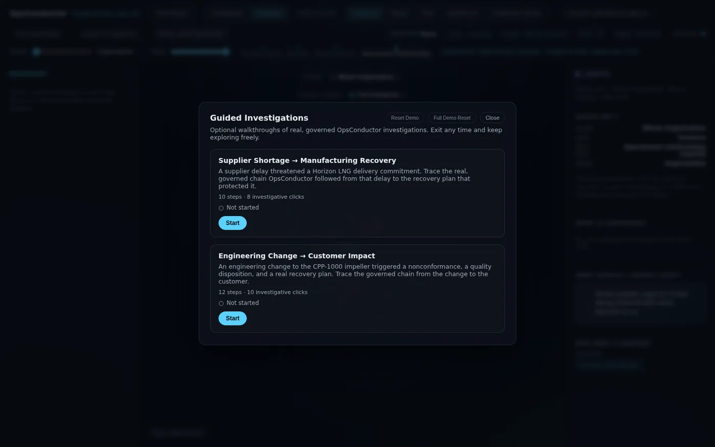 The Experience Lab's Guided Investigations picker, listing Supplier Shortage → Manufacturing Recovery and Engineering Change → Customer Impact, each with step counts and a Start button, plus Reset Demo and Full Demo Reset controls